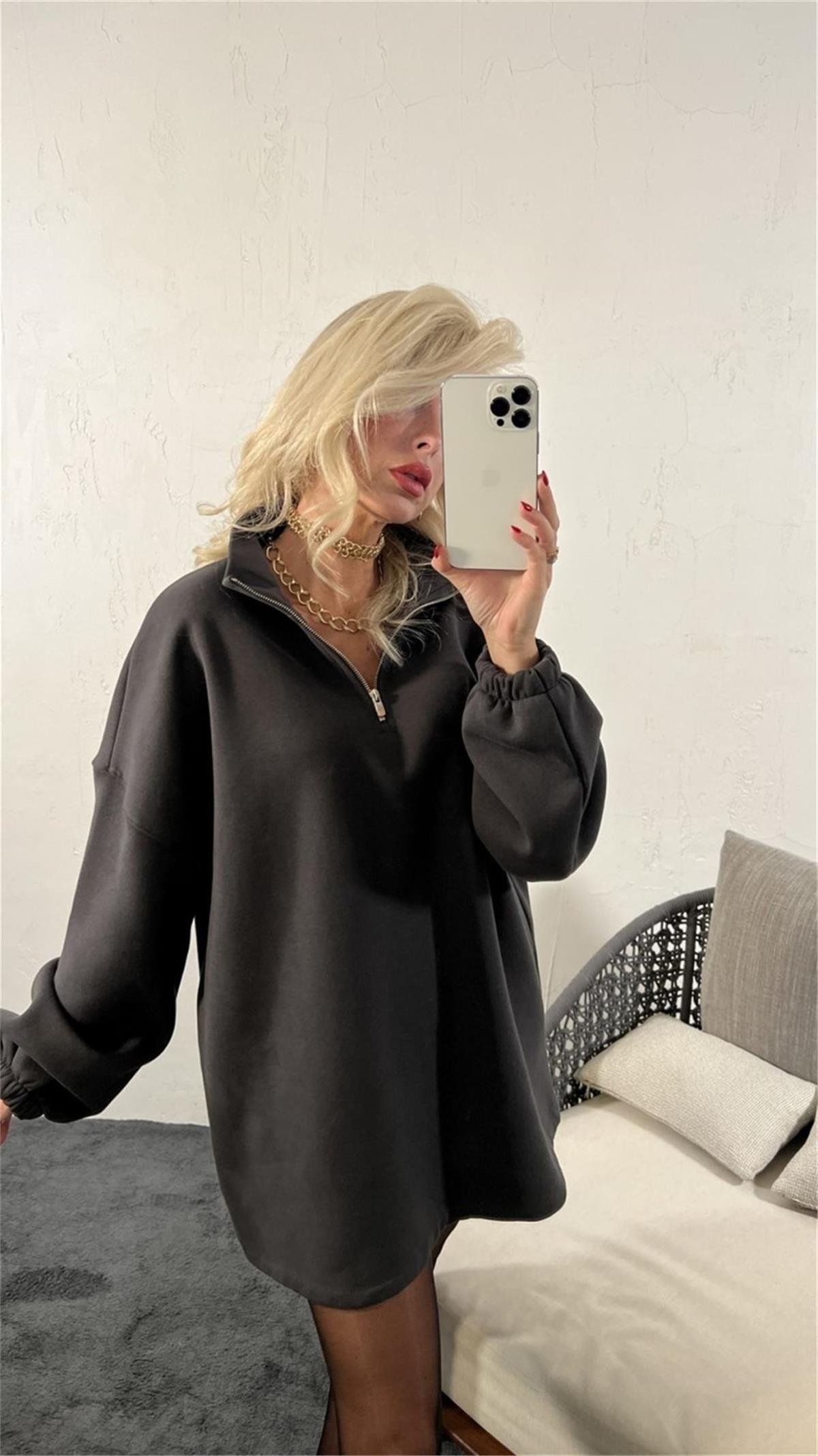 Kadın Geniş Kesim Balon ve Düşük Kol Oversize Sweatshirt FÜME