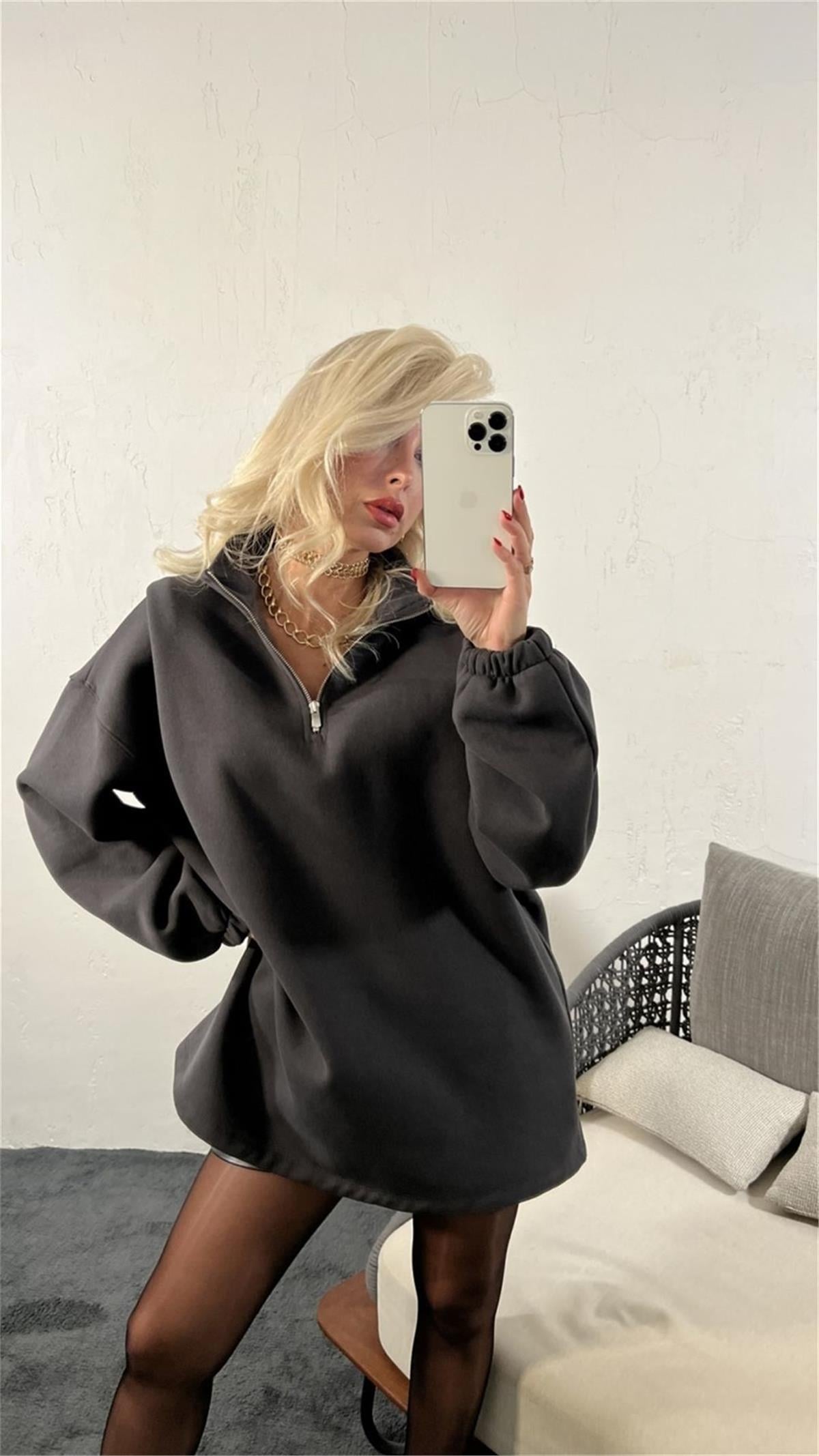 Kadın Geniş Kesim Balon ve Düşük Kol Oversize Sweatshirt FÜME