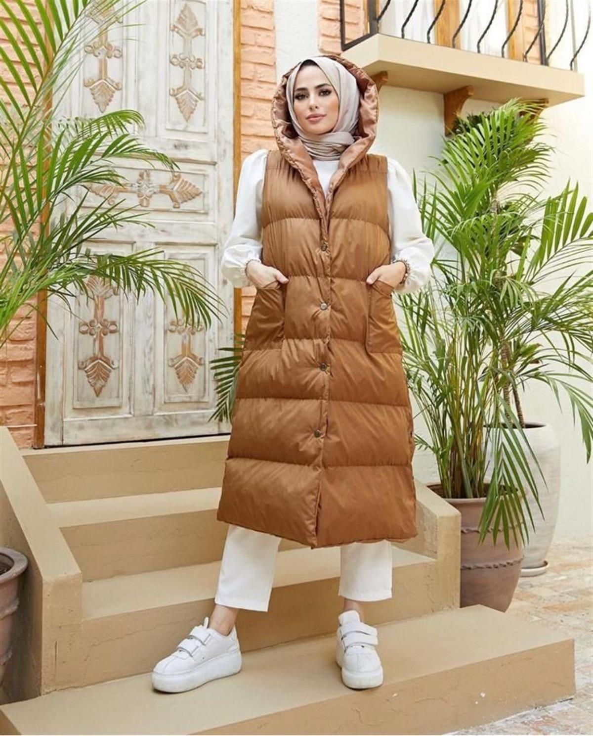 Kadın Kahverengi Şişme Çıt Çıt Kapamalı Kapüşonlu Yelek Mont