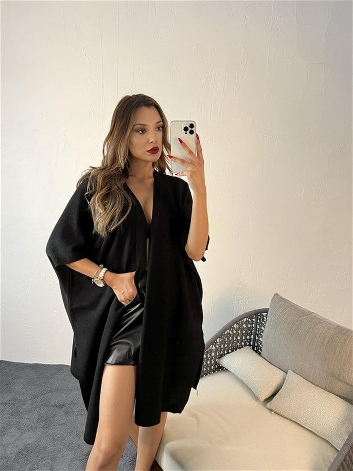 Kadın Uzun Stil Oversize Standart Beden Uzun Hırka SİYAH