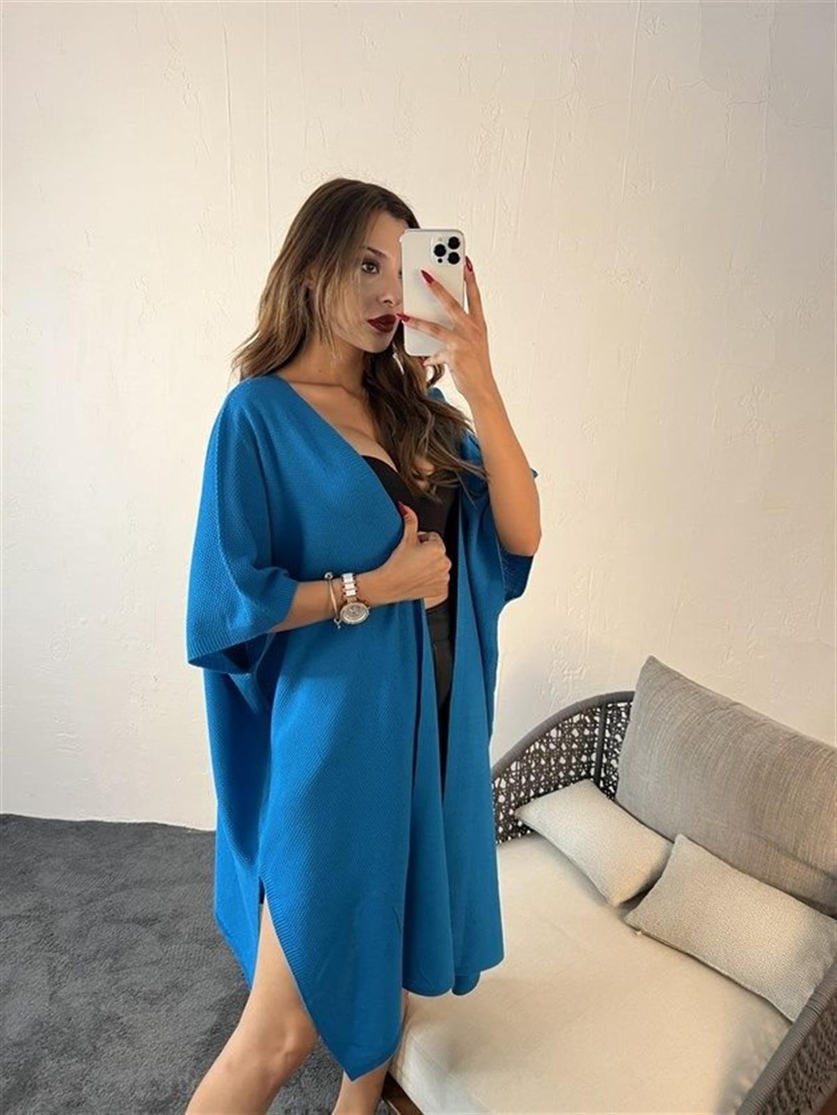Kadın Uzun Stil Oversize Standart Beden Uzun Hırka MAVİ