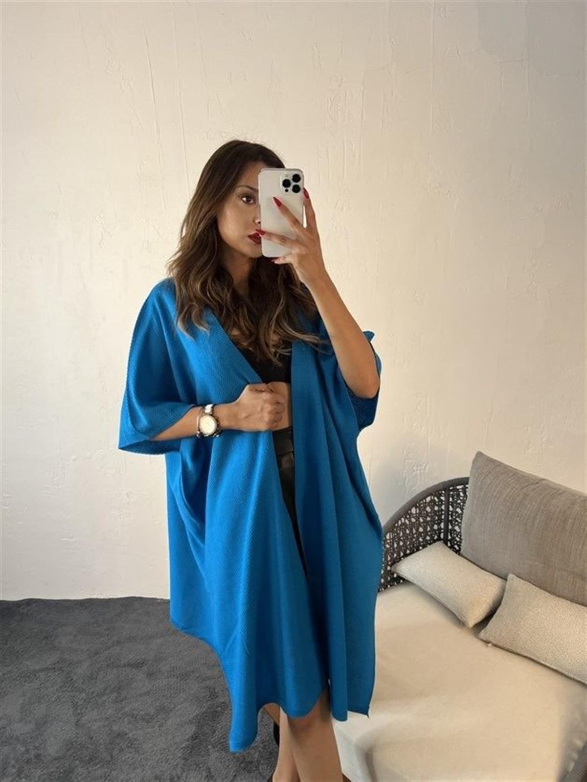 Kadın Uzun Stil Oversize Standart Beden Uzun Hırka MAVİ