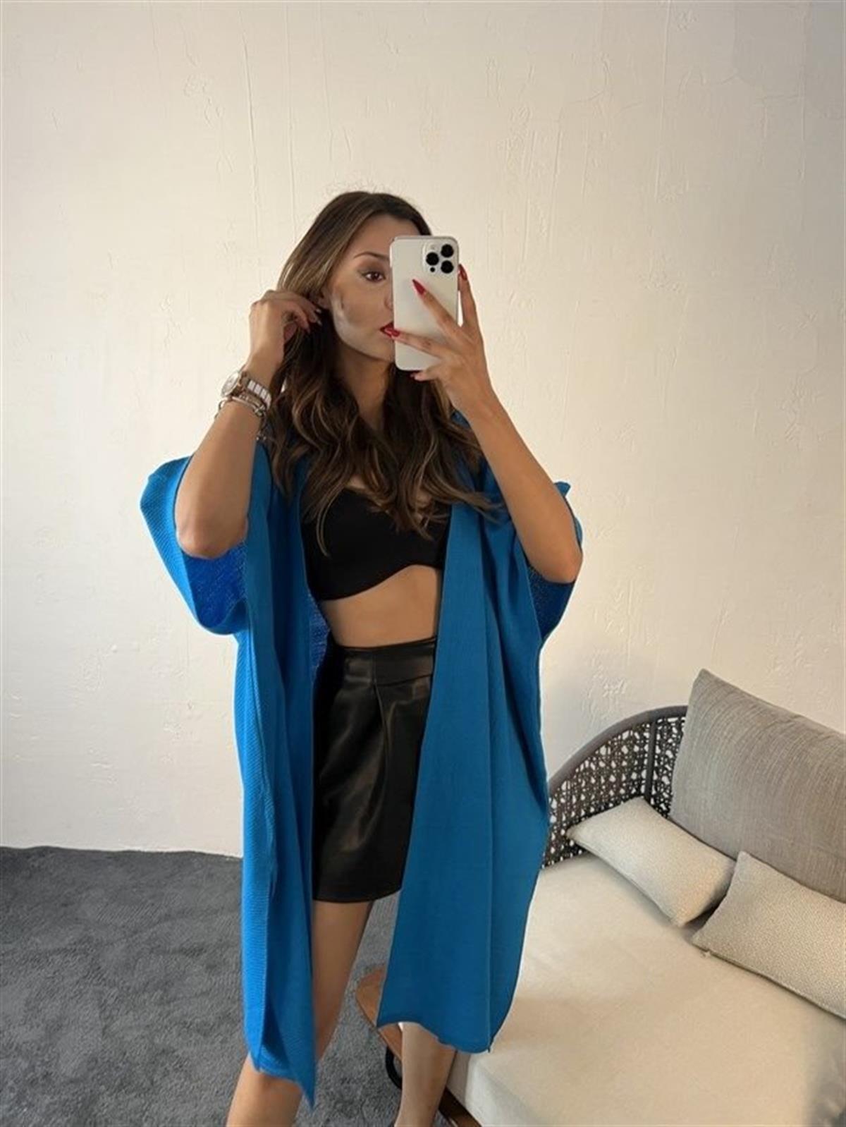 Kadın Uzun Stil Oversize Standart Beden Uzun Hırka MAVİ