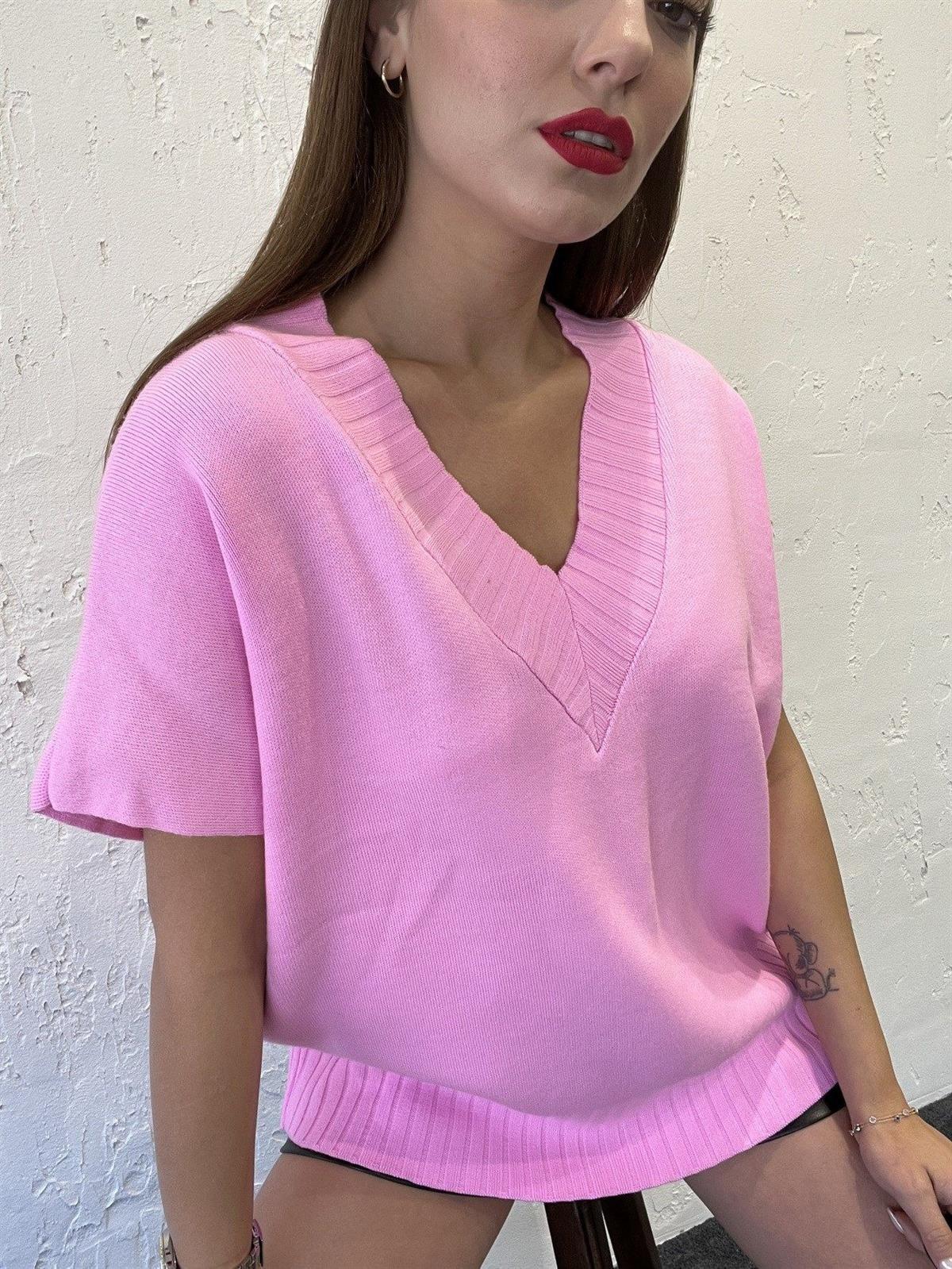 Kadın V Yaka Triko Süveter PEMBE