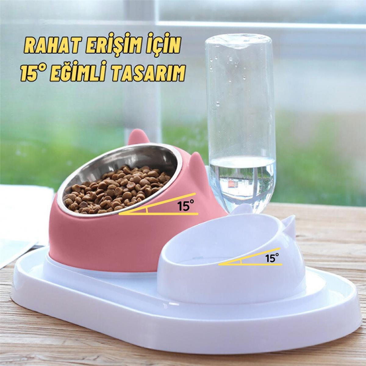 Kedi ve Köpek Mama ve Su Kabı Çelik Taslı Su Doldurma Özellikli PEMBE