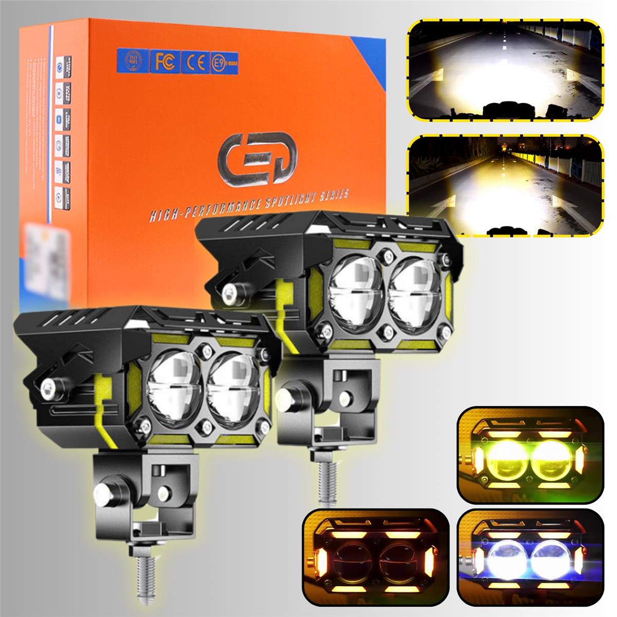 LED DRL Sinyalli Motosiklet Sis Farı Çakarlı Çift Renk 4 Modlu Delici Yüksek Performans Set