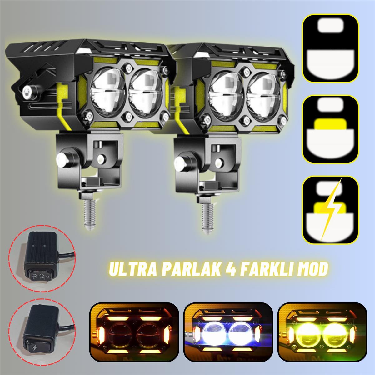 LED DRL Sinyalli Motosiklet Sis Farı Çakarlı Çift Renk 4 Modlu Delici Yüksek Performans Set