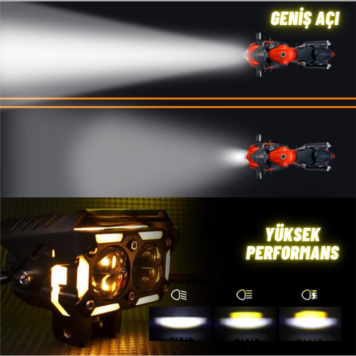 LED DRL Sinyalli Motosiklet Sis Farı Çakarlı Çift Renk 4 Modlu Delici Yüksek Performans Set
