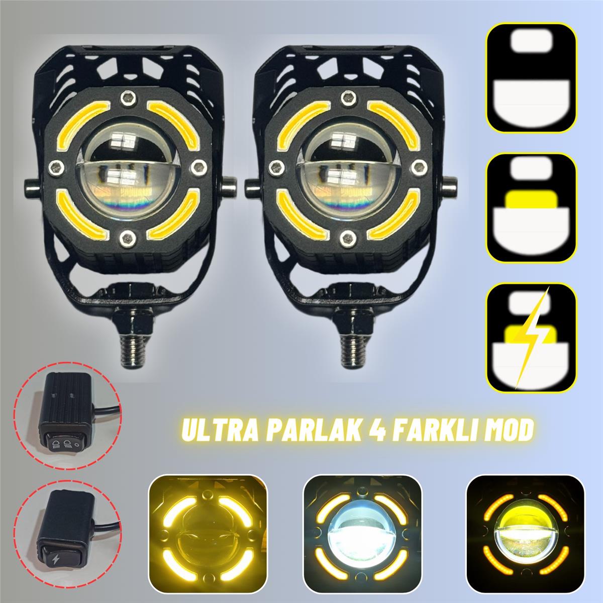 LED Motosiklet ve Off Road Sis Farı Çakarlı Ultra Parlak 4 Modlu Yüksek Performans Metal 12V-24V