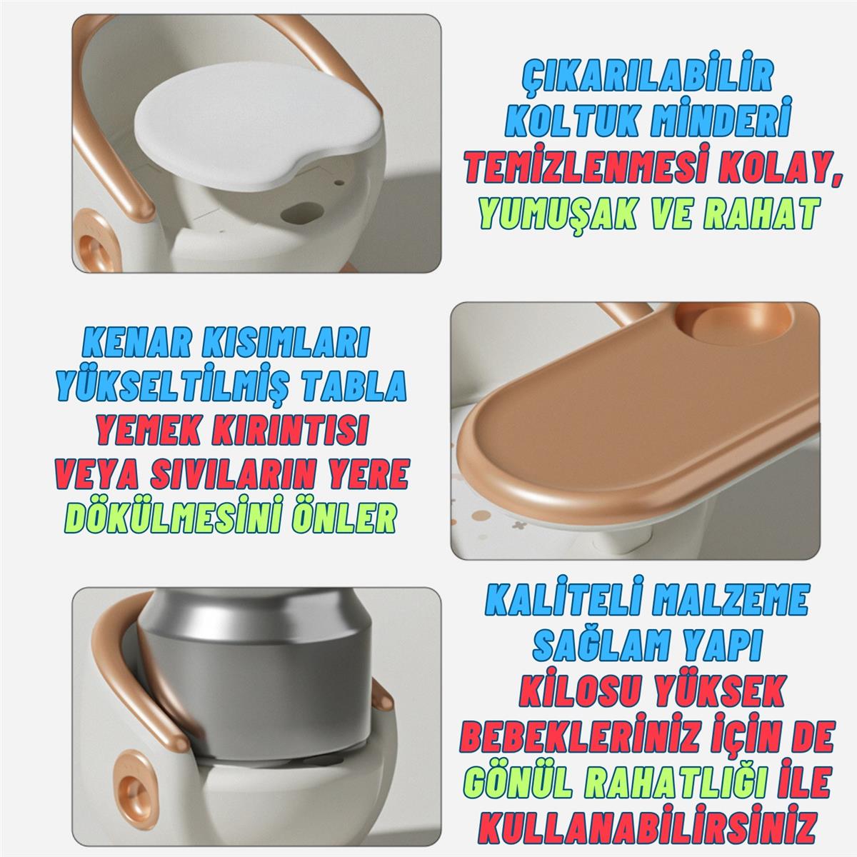 Mama ve Yemek Sandalyesi 1-8 Yaş Uyumlu Minderli Devrilmez Çocuk Oyun Koltuğu Gold