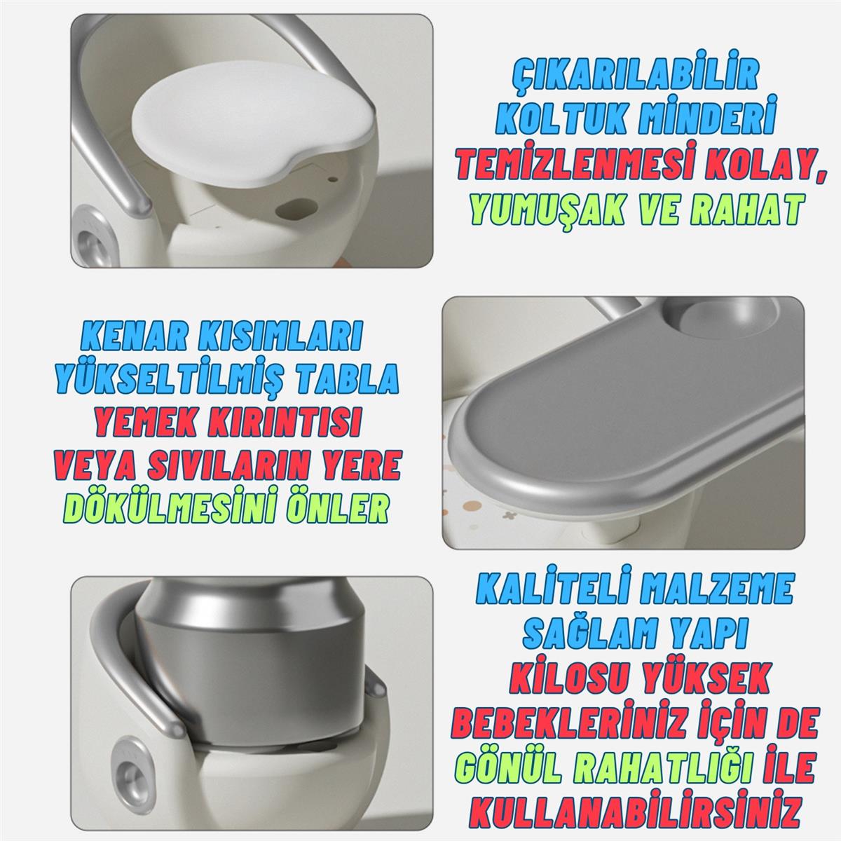 Mama ve Yemek Sandalyesi 1-8 Yaş Uyumlu Minderli Devrilmez Çocuk Oyun Koltuğu Gri