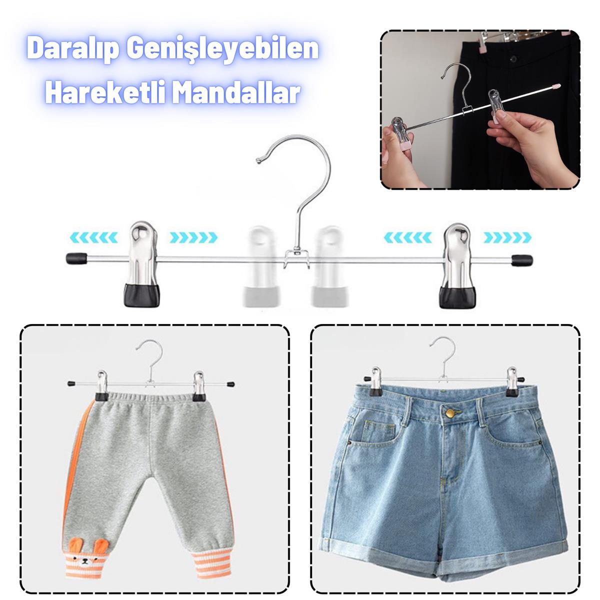 Metal Etek Pantolon Askısı Hareketli Mandallı Paslanmaz Metal Mağaza ve Ev Tipi Elbise Askısı 50 Adet