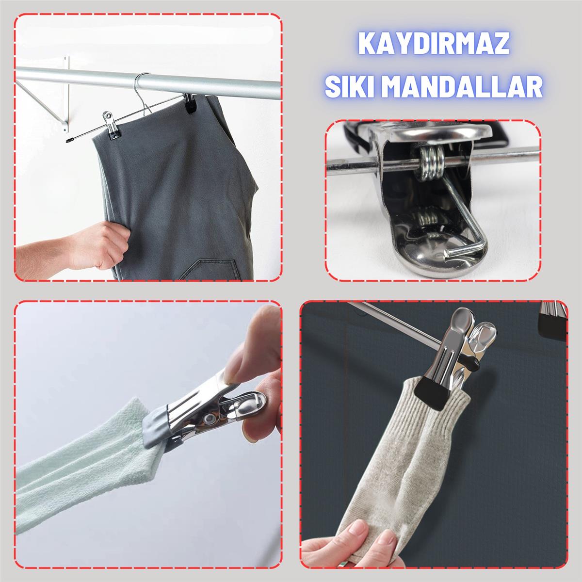 Metal Etek Pantolon Askısı Hareketli Mandallı Paslanmaz Metal Mağaza ve Ev Tipi Elbise Askısı 50 Adet