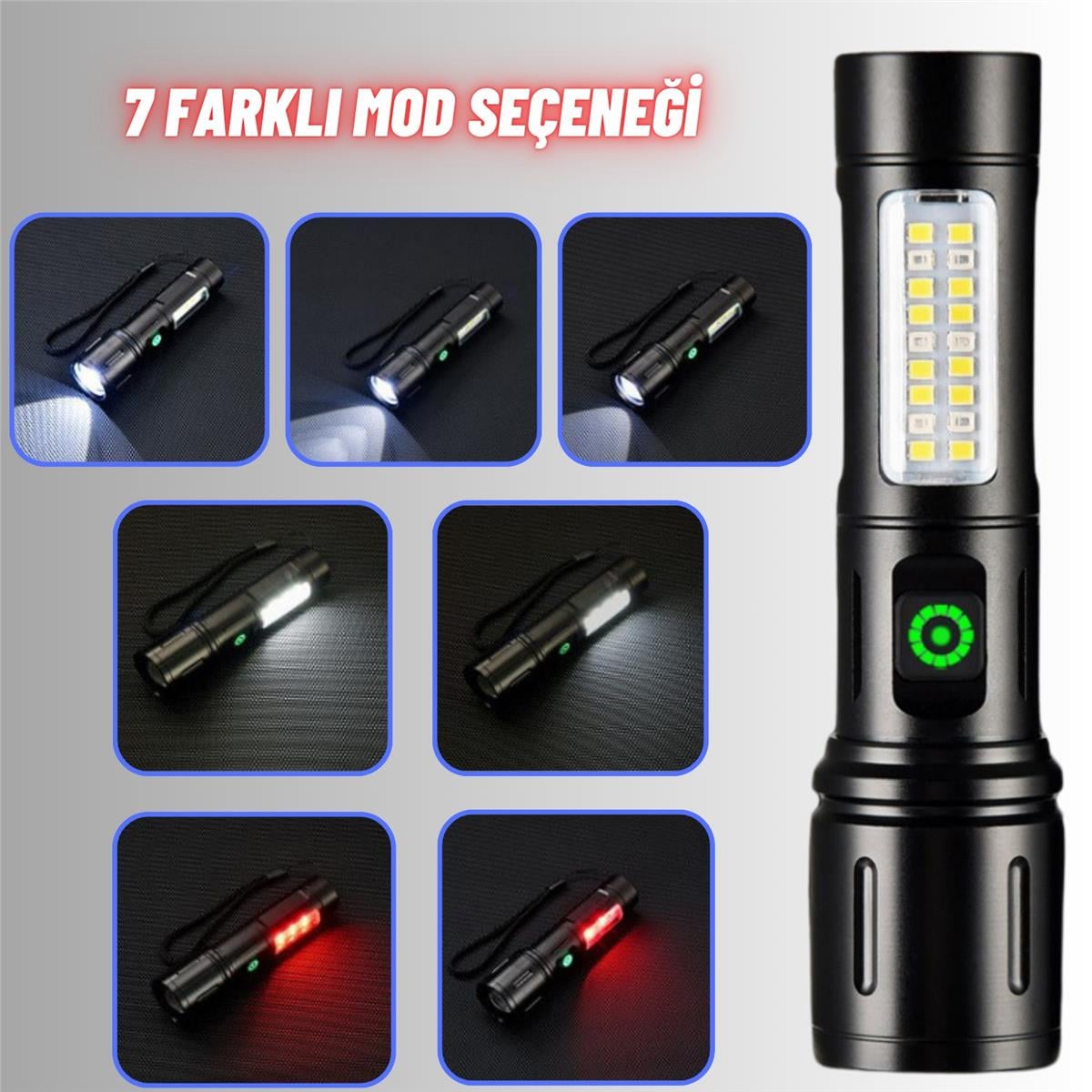 Metal LED El Feneri SOS Flaş Uzun Menzil 7 Mod Kamp Araç İçi Piknik için Ultra Güçlü Fener ve Işıldak