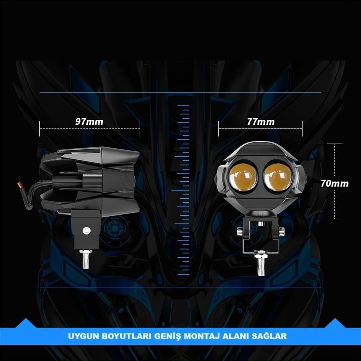 2 ADETMotosiklet Çift Göz Led Lazer Sis Farı Delici Beyaz Sarı Çift Renk 12-80 Volt 