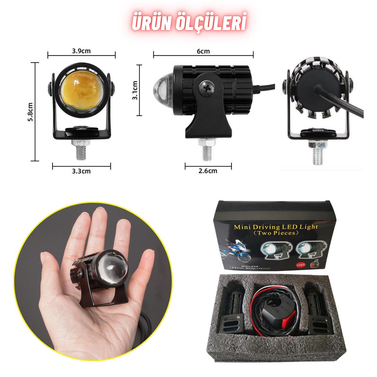 Motosiklet Scooter Mini Sis Farı Set Delici Işık Beyaz Sarı Metal Kasa 12V/24V Led Işık
