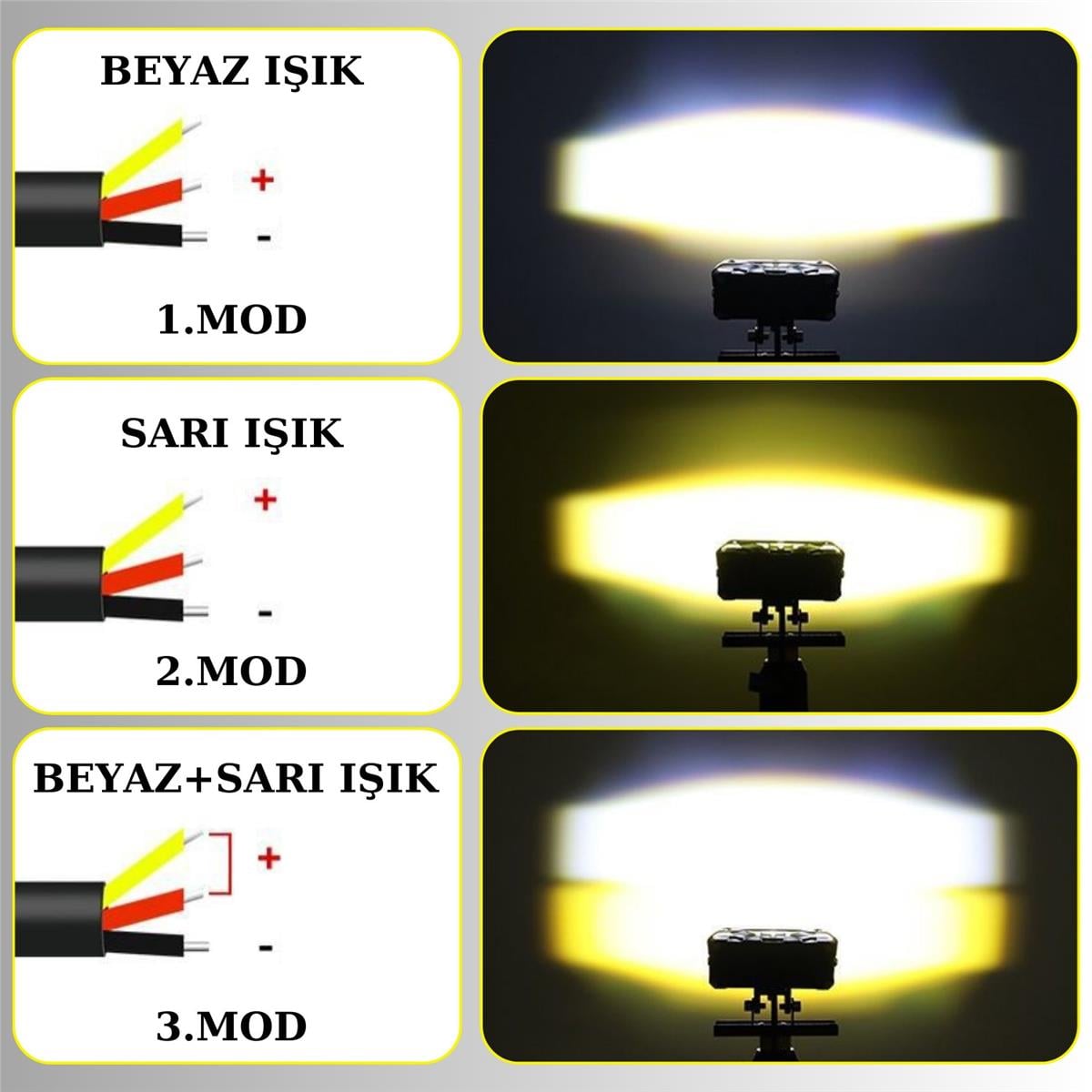 Motosiklet Scooter Sis Farı 3 Mod Beyaz Sarı Metal Kasa 12V/24V Led Işık