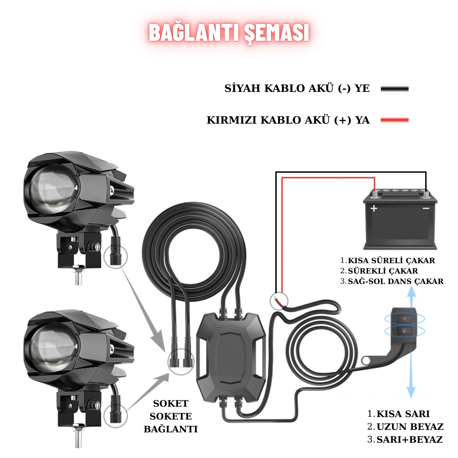 Motosiklet Sis Farı Çift Renk Tüm Montaj Aparatları ve Kablo Set ile Kolay Montaj
