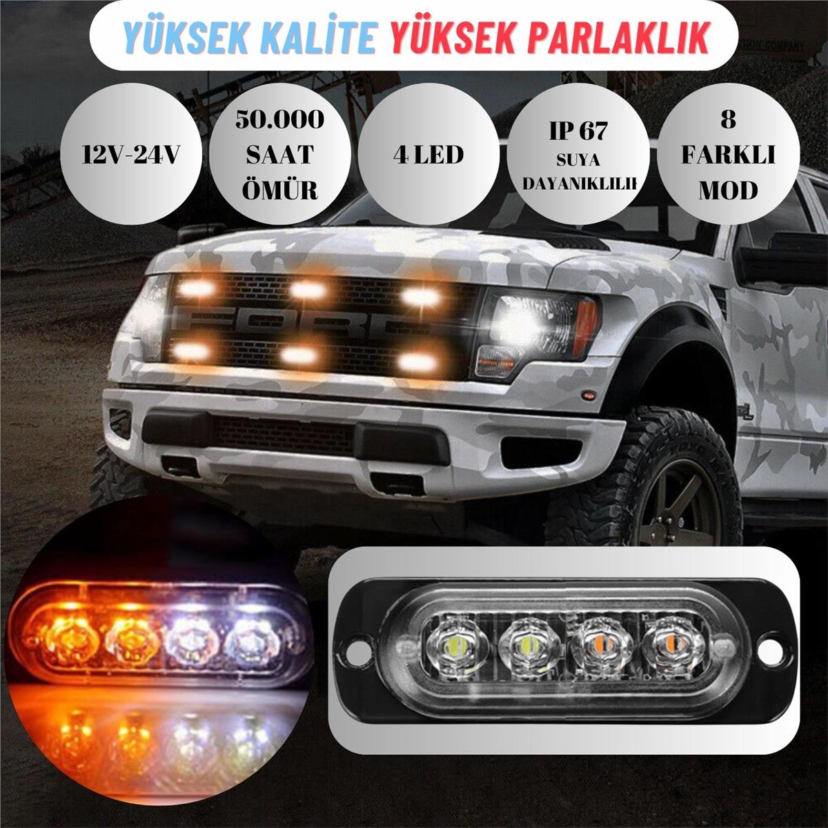 Off Road Arazi Aracı Kamyon Kasa Dorse 12-24V 4 Led 8 Mod İkaz Ve Sinyal Lambası 