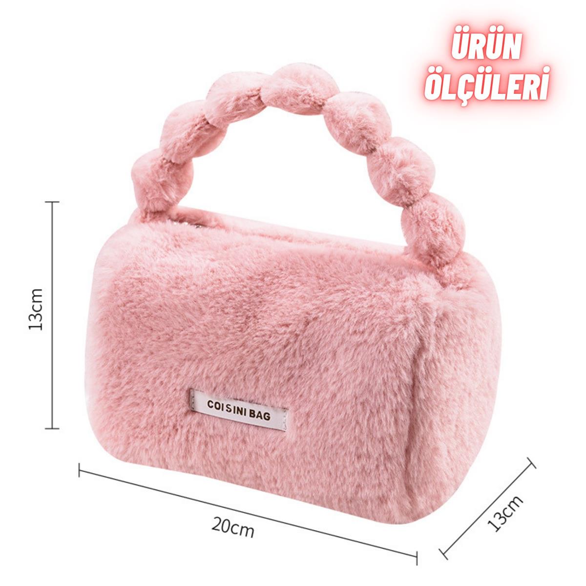 Peluş Makyaj Kozmetik Bakım Malzemesi Çantası ve Kürklü Seyahat Organizer Çanta