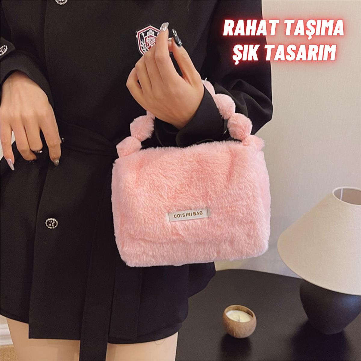 Peluş Makyaj Kozmetik Bakım Malzemesi Çantası ve Kürklü Seyahat Organizer Çanta