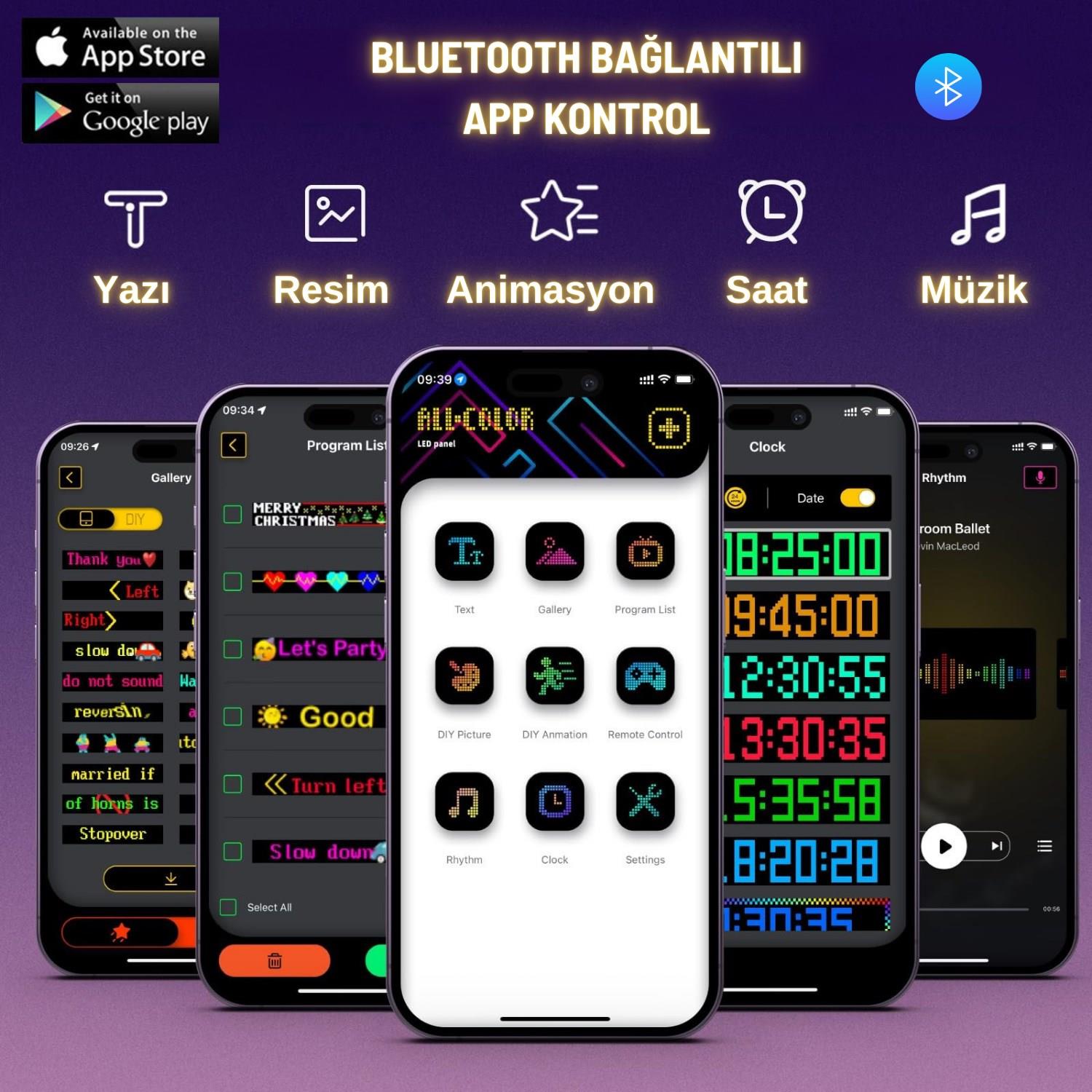 Rgb Led Matrix Panel Dijital Ekran  17X7 CM App Kontrollü Kumandalı 16x32 Led Animasyon Kayan Ekran