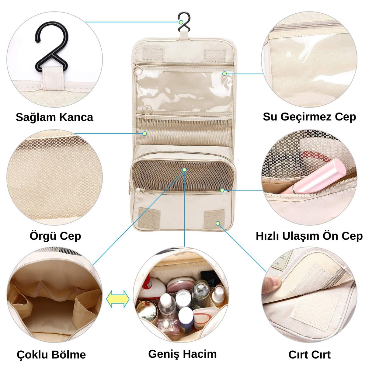 Seyahat Traş Makyaj Kişisel Bakım Kozmetik Ürünleri Çok Bölmeli Organizer Çanta