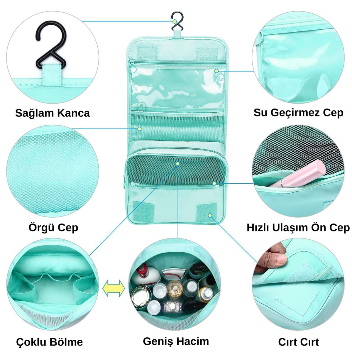 Seyahat Traş Makyaj Kişisel Bakım Kozmetik Ürünleri Çok Bölmeli Organizer Çanta