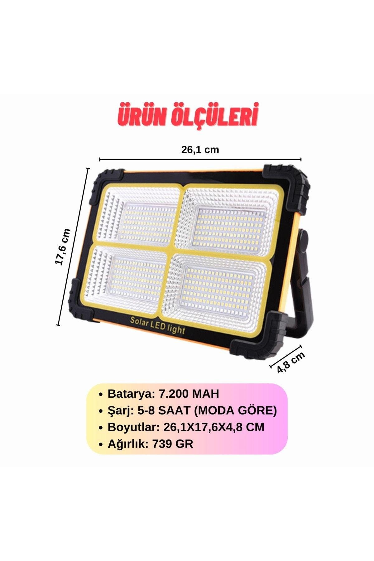 Taşınabilir Projektör Güneş Enerjili Led Çalışma Aydınlatma Ve Çakarlı İkaz Lambası