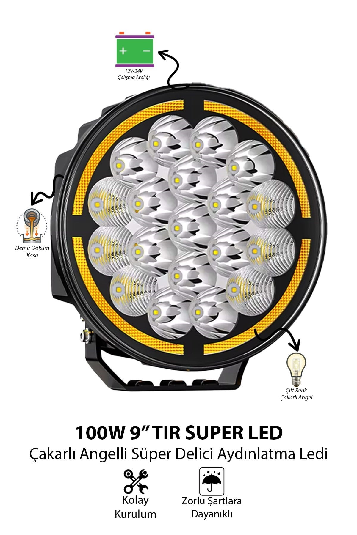 Tır Kamyon Traktör 9 inç Led Sis Farı Angel Halka Metal Kasa 100 W Süper Delici Aydınlatma  12-24V  
