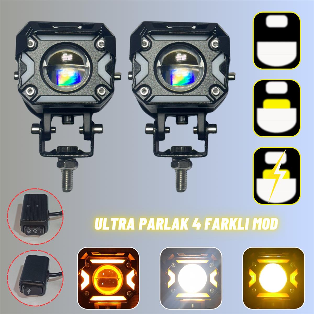 Ultra Parlak LED Motosiklet ve Off Road Sis Farı Çakarlı 4 Modlu Yüksek Performans Metal 12V-24V Led