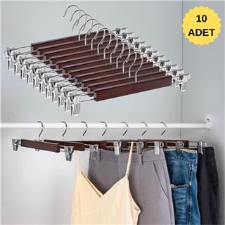 Ahşap Etek Pantolon Askısı Mandallı Lüks Elbise Askılık Vernikli AHŞAP 10 Adet