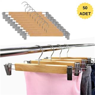 Ahşap Etek Pantolon Askısı Mandallı Lüks Elbise Askılık Vernikli NATUREL 50 Adet