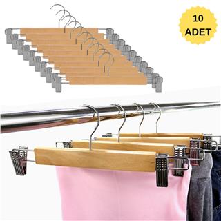 Ahşap Etek Pantolon Askısı Mandallı Lüks Elbise Askılık Vernikli NATUREL 10 Adet