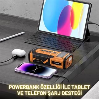 Akü Takviye Cihazı Şarjlı Taşınabilir Lastik Şişirme Pompası İkaz LED Powerbank Bisiklet Top Şişirme