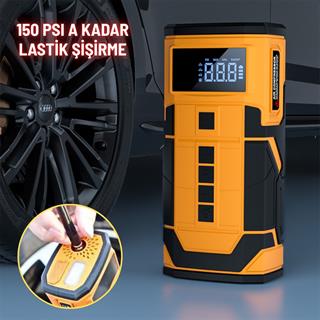 Akü Takviye Cihazı Şarjlı Taşınabilir Lastik Şişirme Pompası İkaz LED Powerbank Bisiklet Top Şişirme