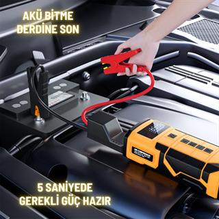 Akü Takviye Cihazı Şarjlı Taşınabilir Lastik Şişirme Pompası İkaz LED Powerbank Bisiklet Top Şişirme