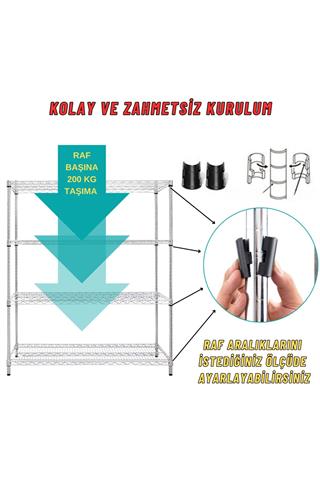 Ayarlanabilir 4 Katlı Depo Rafı 122x53x183 Cm Kiler Mutfak Balkon Çiçeklik Ofis Çelik Tel Raf