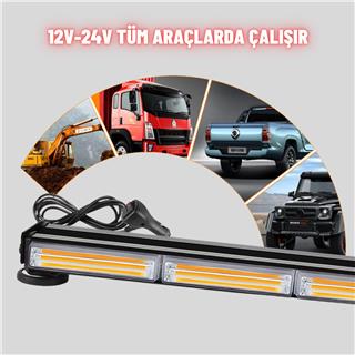 Çakarlı Tepe İkaz Lambası 90 Cm Mıknatıslı Turuncu Amber Çift Taraflı Led Bar 12 Mod 12-24 V