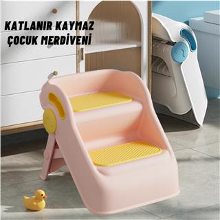 Çocuk Taburesi Katlanabilir Kaymaz İki Basamaklı Merdiven Çocuk Banyo Tuvalet Lavabo Yükseltici Pembe