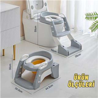 Çocuk Tuvalet Eğitimi Katlanır Klozet Adaptörü Ve Lazımlık Merdivenli Tuvalet Eğitici GRİ