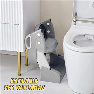 Çocuk Tuvalet Eğitimi Katlanır Klozet Adaptörü Ve Lazımlık Merdivenli Tuvalet Eğitici GRİ