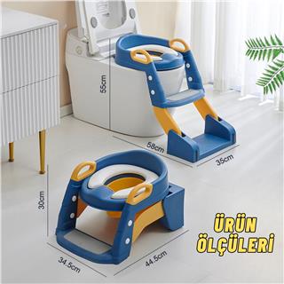 Çocuk Tuvalet Eğitimi Katlanır Klozet Adaptörü Ve Lazımlık Merdivenli Tuvalet Eğitici MAVİ