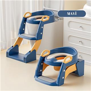 Çocuk Tuvalet Eğitimi Katlanır Klozet Adaptörü Ve Lazımlık Merdivenli Tuvalet Eğitici MAVİ