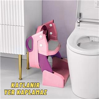 Çocuk Tuvalet Eğitimi Katlanır Klozet Adaptörü Ve Lazımlık Merdivenli Tuvalet Eğitici PEMBE