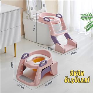 Çocuk Tuvalet Eğitimi Katlanır Klozet Adaptörü Ve Lazımlık Merdivenli Tuvalet Eğitici PEMBE