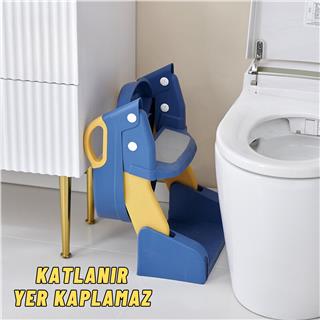 Çocuk Tuvalet Eğitimi Katlanır Klozet Adaptörü Ve Lazımlık Merdivenli Tuvalet Eğitici MAVİ