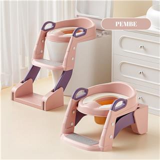 Çocuk Tuvalet Eğitimi Katlanır Klozet Adaptörü Ve Lazımlık Merdivenli Tuvalet Eğitici PEMBE