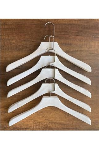 Erkek Ahşap Ceket Askı 43 Cm Eskitme Beyaz Naturel Askı 5 Adet