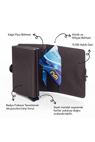 Erkek Karbon Desen Hakiki Deri Otomatik Çift Mekanizmalı Twin Kartlık Cüzdan